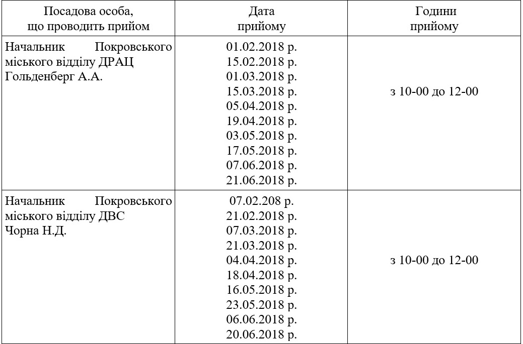 графік проведення посадовими особами головного територіального  управління юстиції у дніпропетровській області консультування  у відділі “покровське бюро правової допомоги”  на і півріччя 2018 року - изображение 1